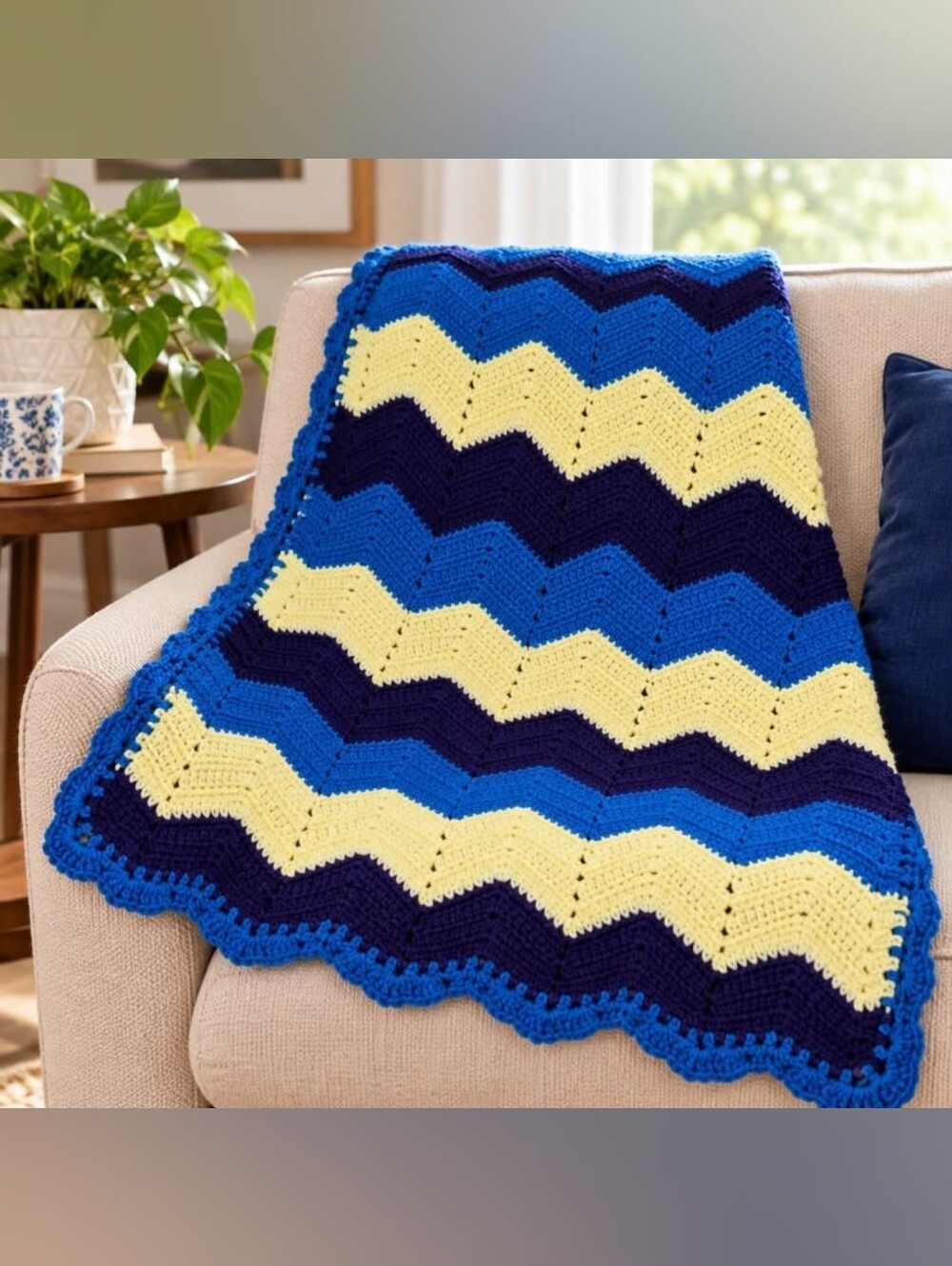 Handmade Crochet Chevron Ripple Lap Blanket Afghan Blue Yellow 40x37